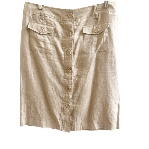 Willi Smith 100% Linen Button Front Skirt Tan 12 Knee Length Pockets Minimalist - Picture 1 of 9